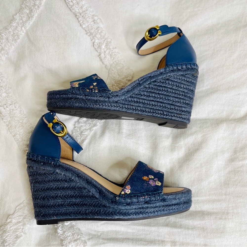 NWOT Coach Denim Floral Wedge Espadrilles - Picture 2 of 6